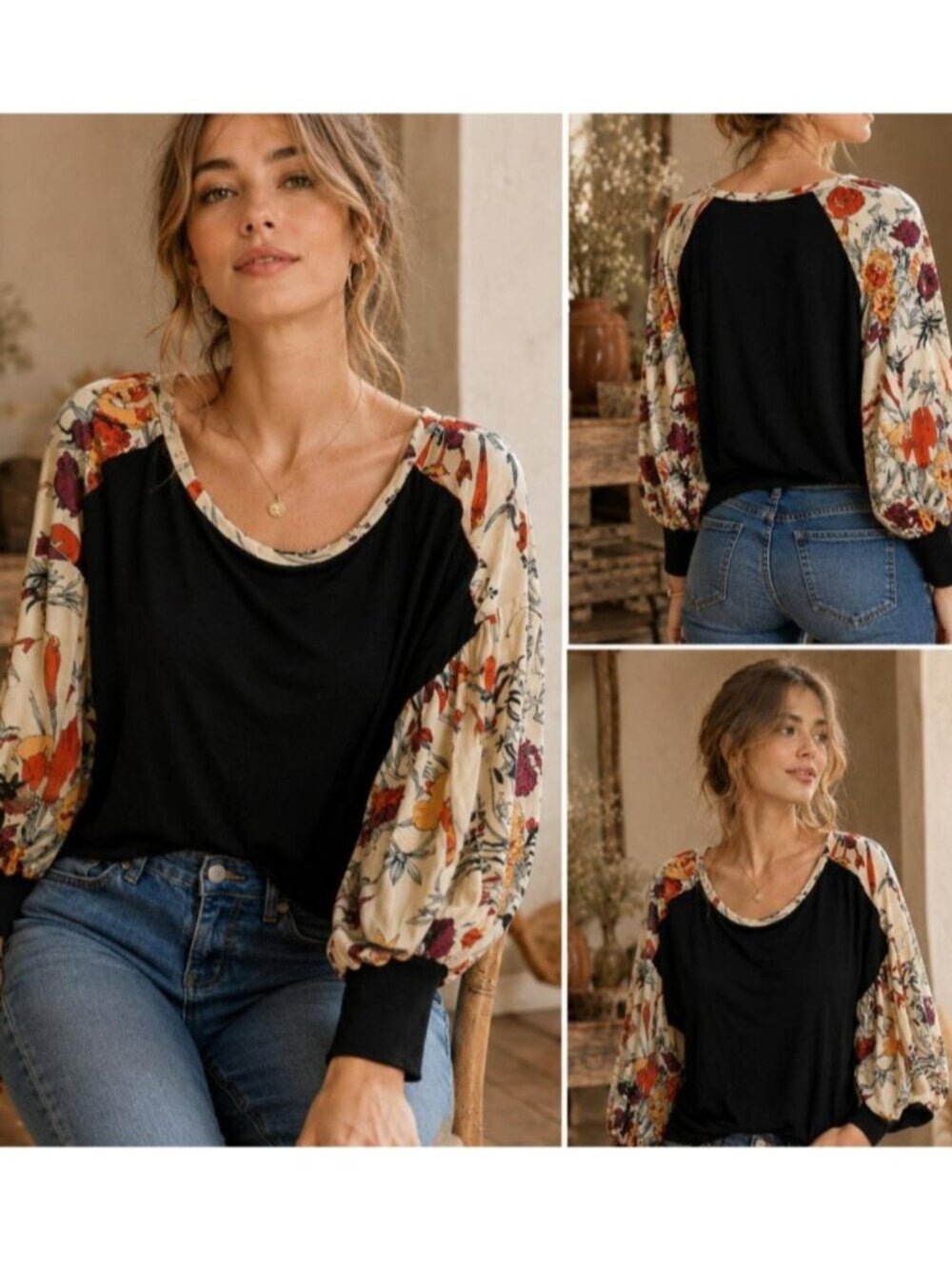 Anthropologie Tiny Dark Floral Balloon Sleeve Boho Blouse L
